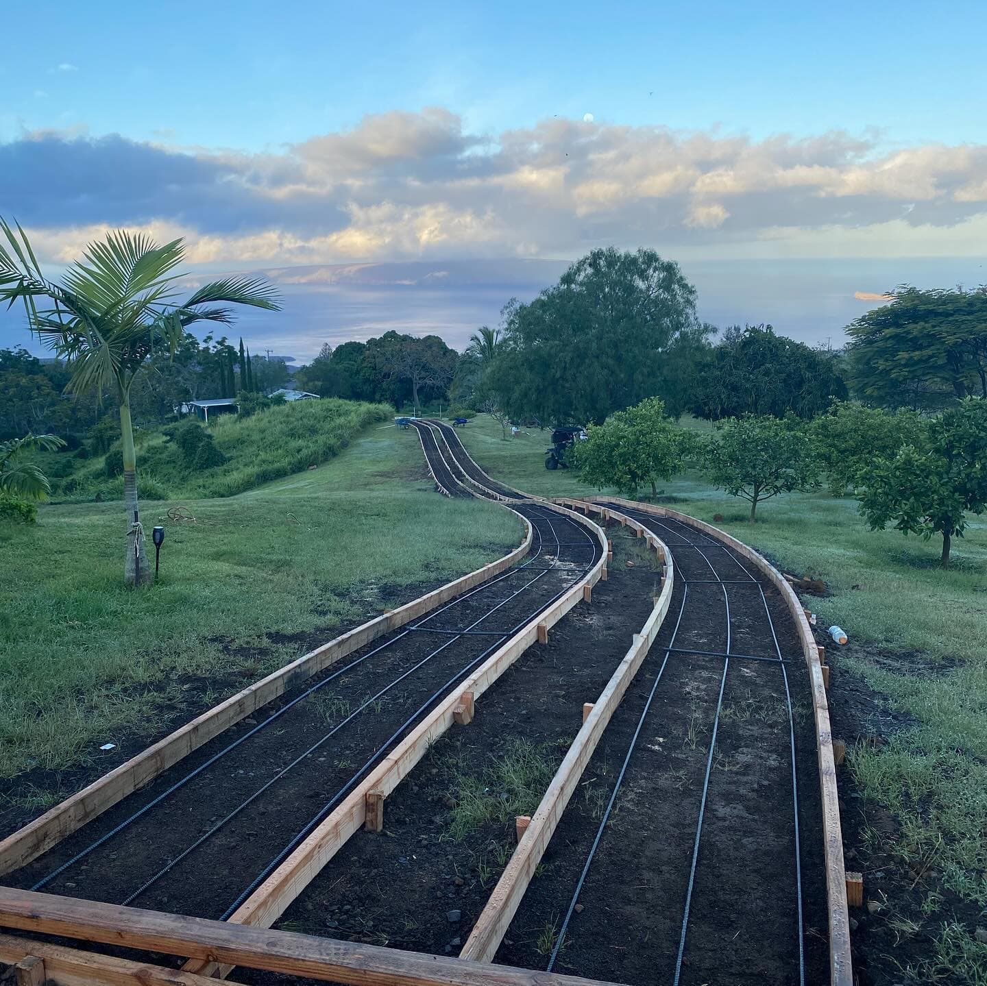 Curving driveway and walkway forms laid out across a lawn under a sunset sky on Maui, palm trees on the left.